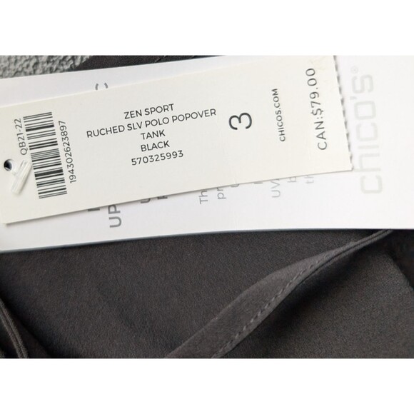 Chico's Zenergy Polo Popover Top Black Ruched Sleeve UPF 50+ Casual US 16/18 - Picture 9 of 9